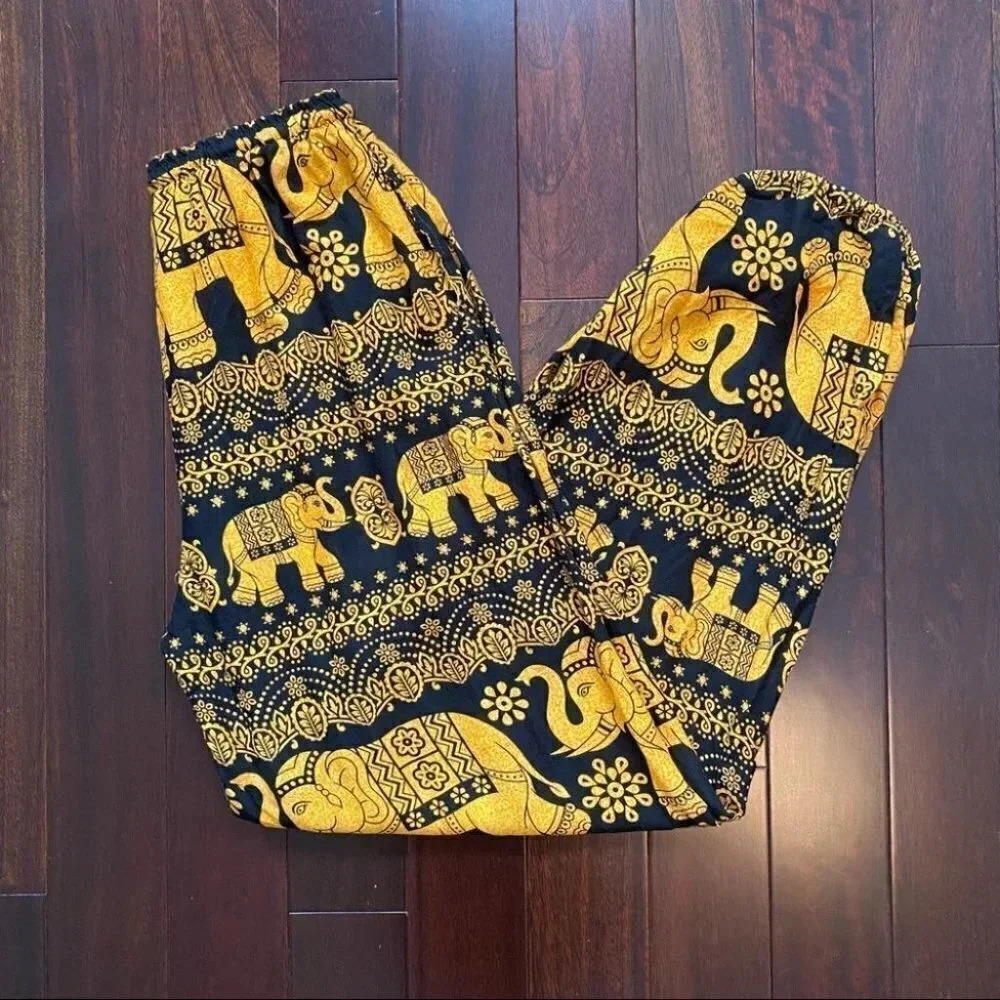 Black Gold Balloon Pants Flowy Draped Harem Joggers Elephant Print Size XS/S - Picture 15 of 15